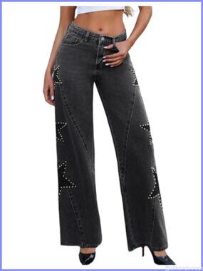 Star Pearl Baggy Wide Leg Low Rise Denim Jeans Slight Flare Retro Y2K